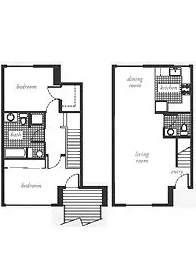 A floor plan of a two bedroom apartment with a living room and a dining room.
